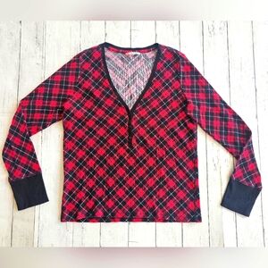Victoria's Secret Black & Red Buffalo Plaid Longsleeve Thermal Vneck Sleep Shirt